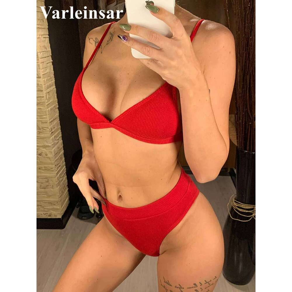 S - XL New Sexy Female Swimsuit High Waist Women Swimwear Two-pieces Bikini set Ribbed Bather Bathing Suit Swim V2328 Z260206