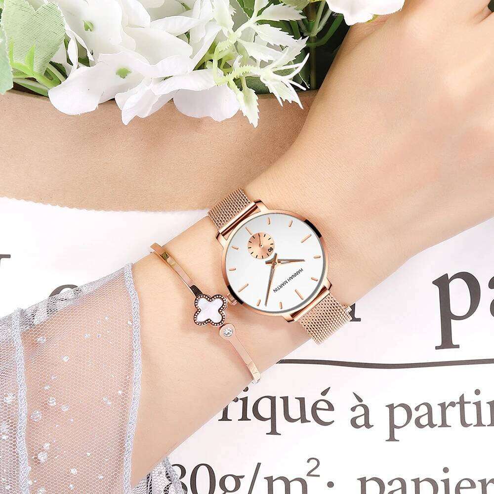 HANNAH MARTIN Brand Watch Rose Gold Dial 33mm Stainless Steel Mesh Strap Casual Fashion Dropshipping Quartz Women Watches Z260206