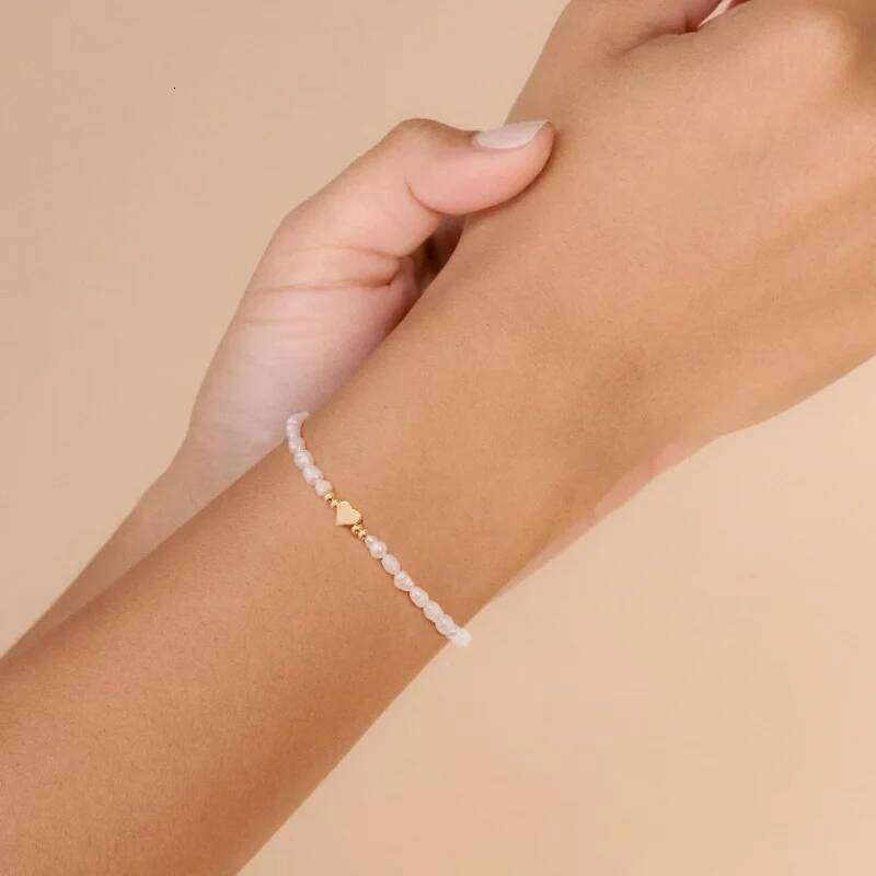 14K Gold Plated Women, Dainty 925 Silver Pearls Beaded Chain Heart Pearl Bracelets Jewelry Gift for Women 26H0206