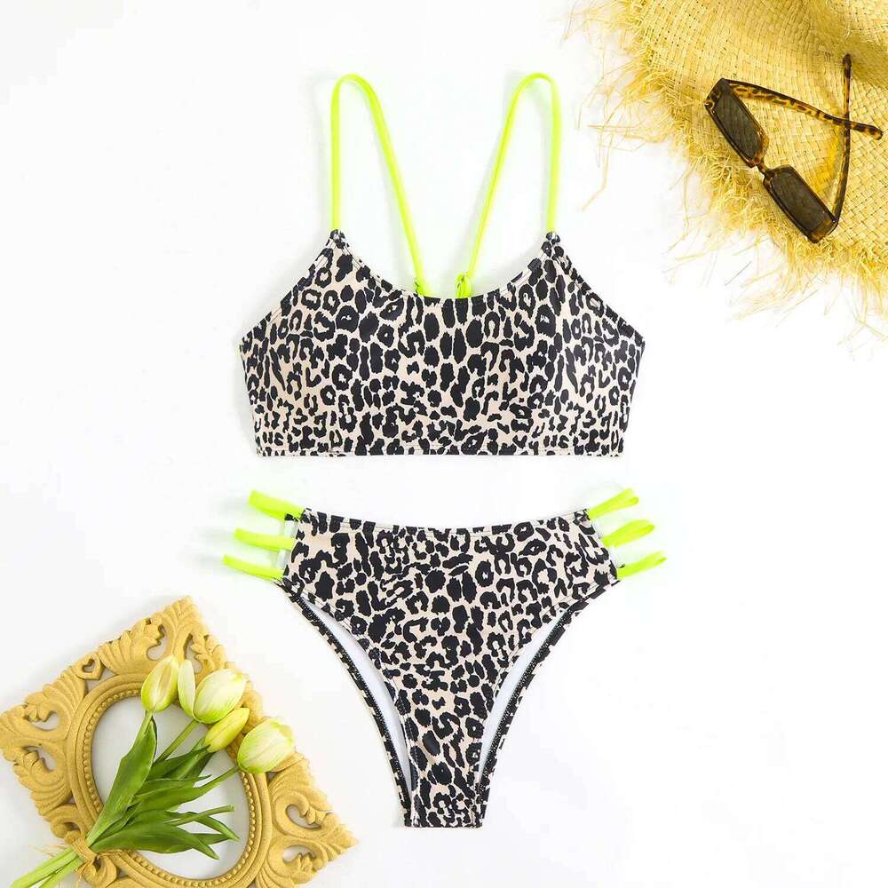 Alluring Backless Leopard Pushup Bikini Performance Split Ruched Two-Piece Sporty Adjustable Supportive Swimwear XJ260206