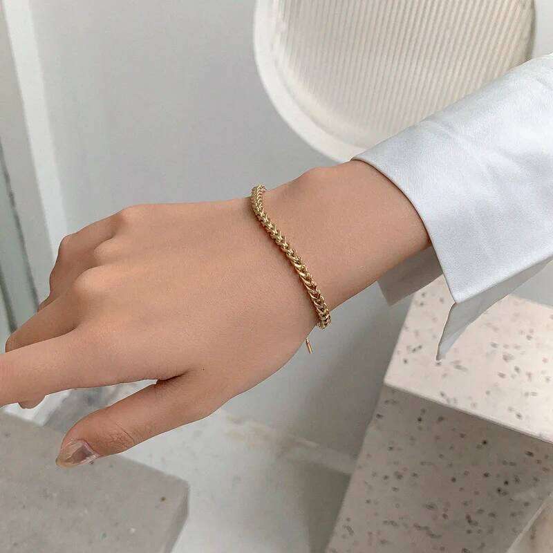 Exquisite Gold Color Stainless Steel Weaving Wheat Ears Pull Adjustable Bracelet for Women Classic Trendy Bangle Jewelry Gift 26H0206