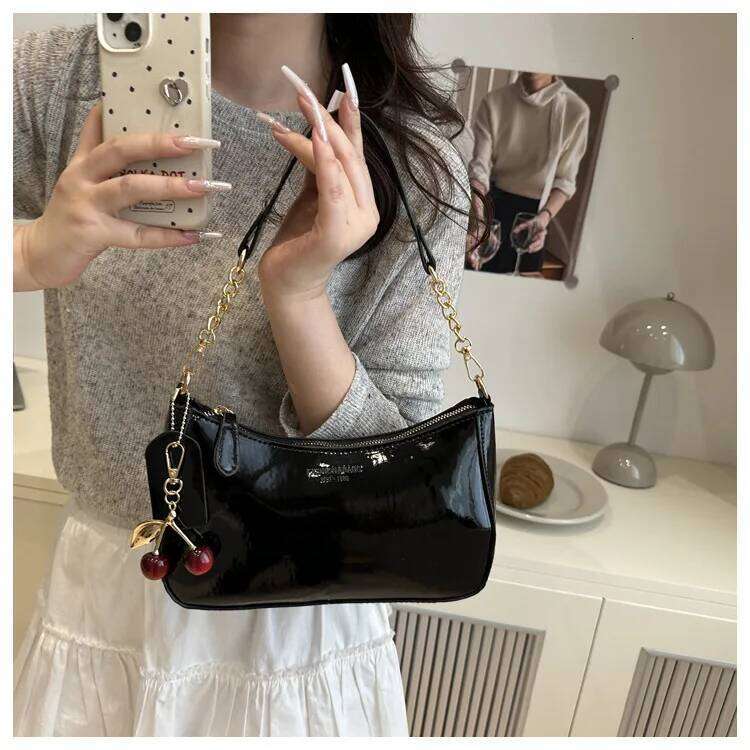 Fashion Retro PU Black Shoulder Crossbody Crescent Classic Cherry Pendant Design Women Armpit Bag Girls Festival Gifts XJ260129