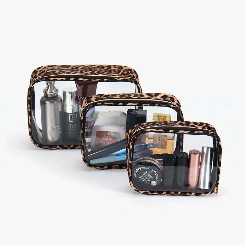 3pc Leopard Print Clear Transparent Makeup Bag for Travel Waterproof Toiletries Storage Cosmetic Organizer With Zipper Y260206
