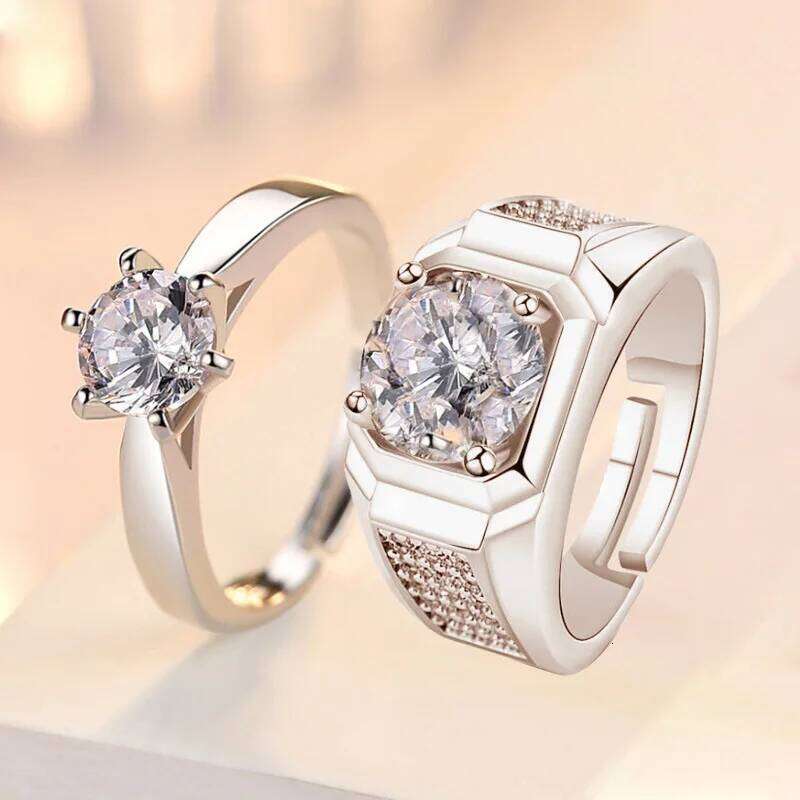 Simple Crystal Heart Couple Set Fashion Pair Opening Stainless Steel Wedding Rings Luxury Jewelry Gift Wholesale W260206