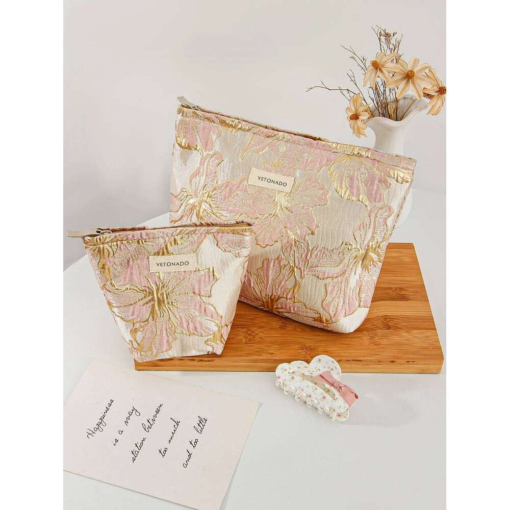 1pc/set Gold flower cute travel toiletries clutch bag, portable makeup bag Y260206