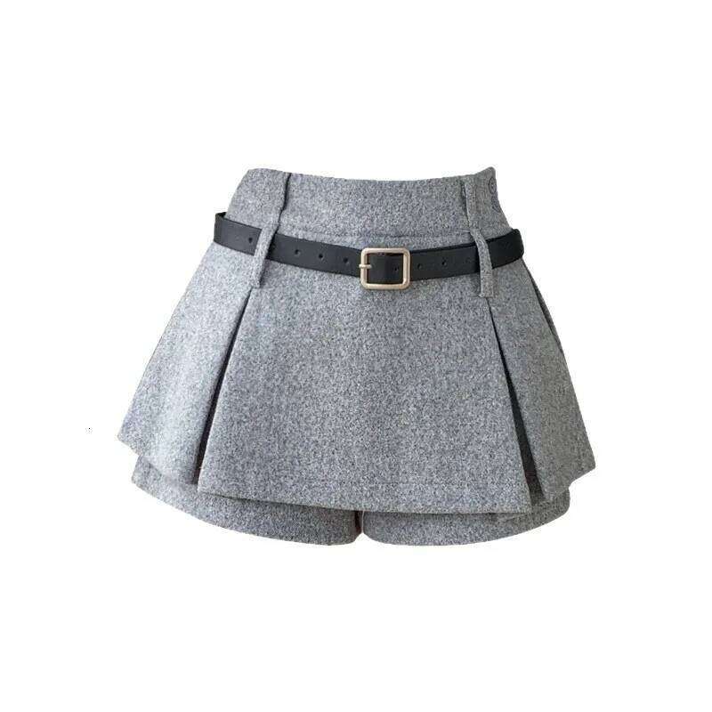 Autumn Winter Women's Woolen Mini Slimming A- Line Short Pleated Pants Skirt Pure Color Commute Style Slight Stretch XJ260206