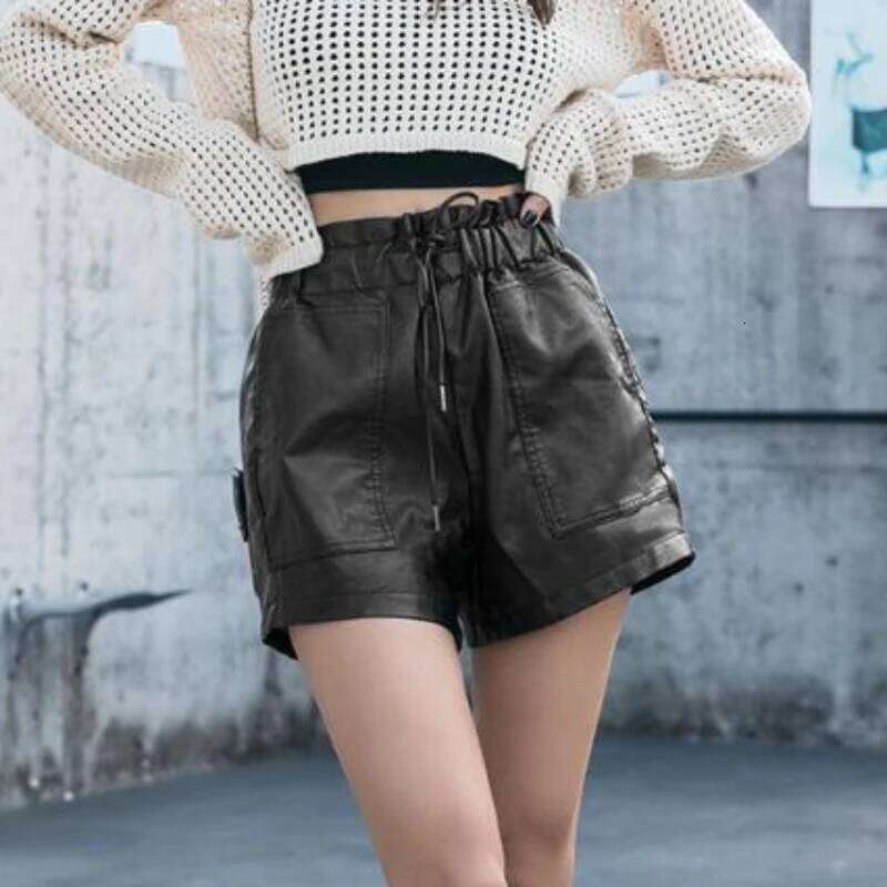 Shorts Women Ulzzang Chic Elastic Waist Pockets Loose Simple Pure Black Trendy Ins PU Leather Fall Casual 3XL Female All-match XJ260206