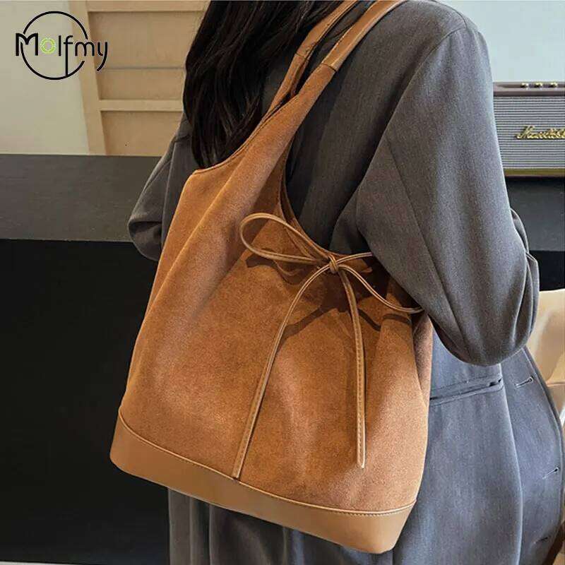 Vintage Women's Bags Frosted Large Capacity School Shoulder Autumn Winter Faux Suede Tote Bucket Bag Lady Commuter Handbags Y260205