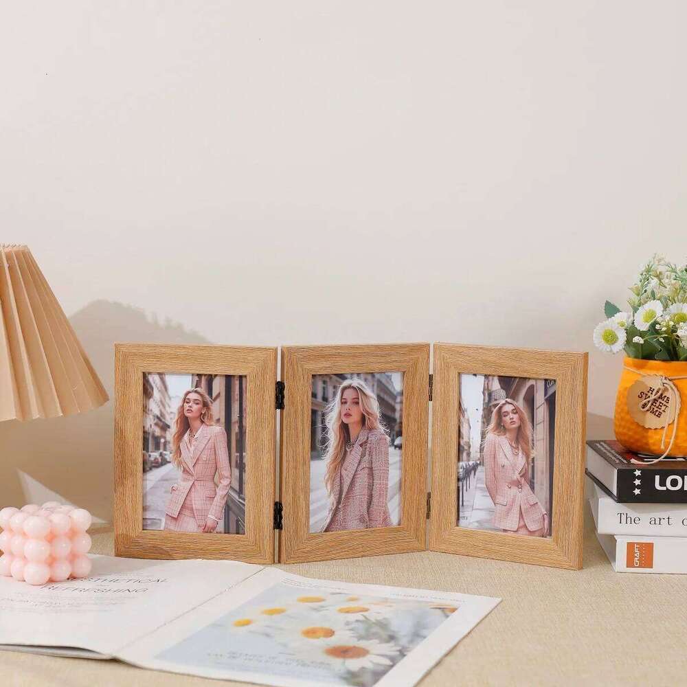 1pc Folding wood picture frame -4x6in, collage wall trim, by side display of 3 photos, gifts for family and friends S260205