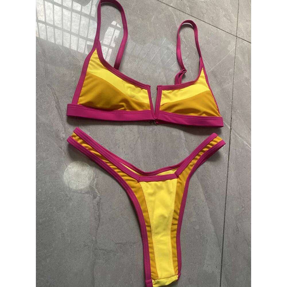 S - XL Splicing V Shaped Thong Women Swimsuit Female Swimwear Two Pieces Bikini Set Bather Push Up Bathing Suit Swim Lady XJ260206