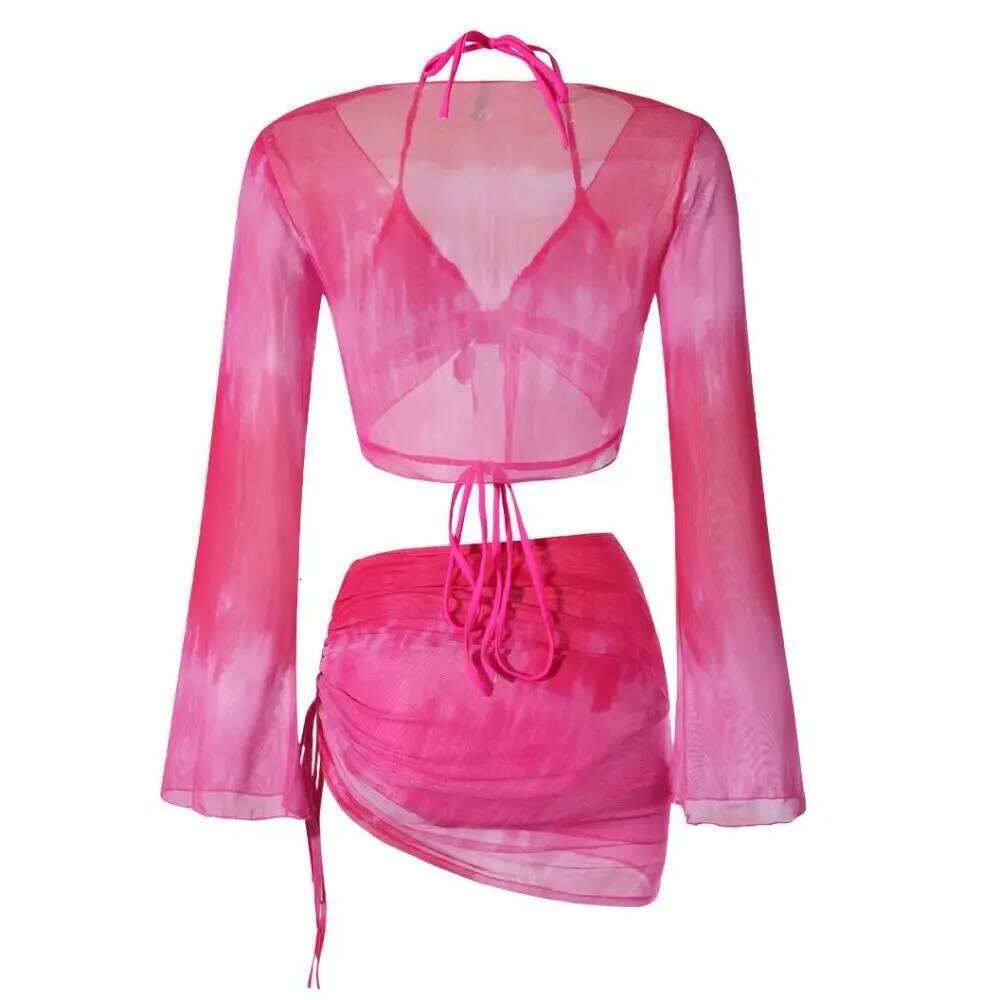 Tie Dye Bikini 4 Piece Pleated Swimsuit Set Lace-Up Crop Top Drawstring Mini Skirt Bathing Suit Pool Party Z260206