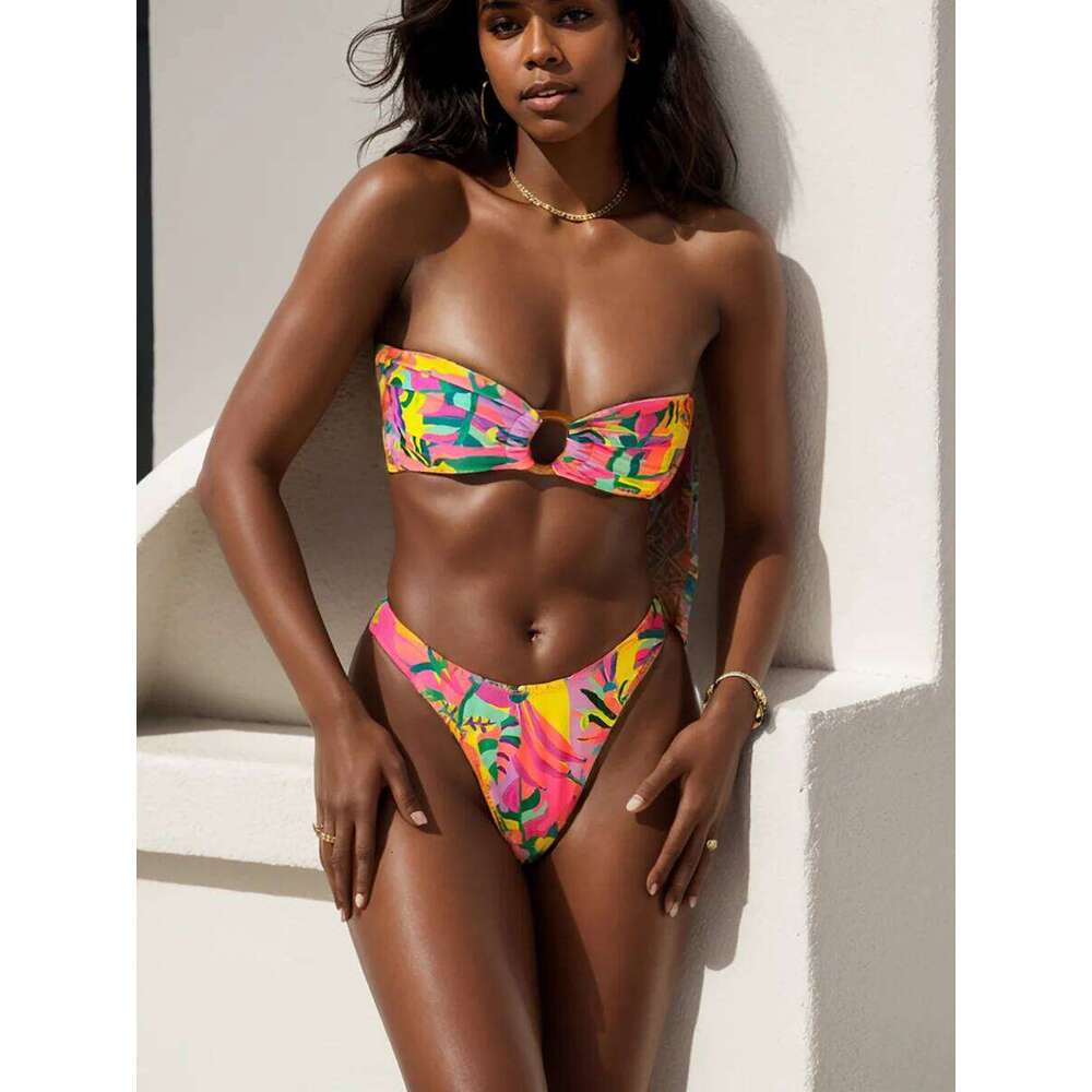 Sexy Floral Bikinis Bandeau Swimsuit for Woman 2025 Female Swimwear Women Thong Bikini Set Summer Swim Beach Wear Bathing Suits Z260206