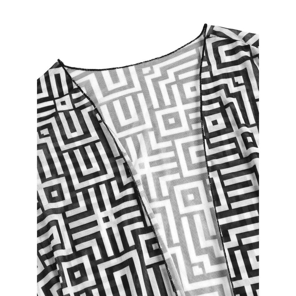 Women's Summer Geometric Print Three-Piece Swimsuit Set Long Sleeve Beach Cover-Up, Polyester Knit Fabric with Elasta Z260206