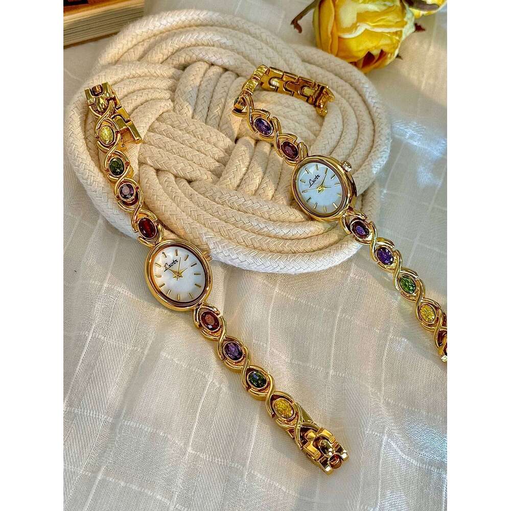 1 Piece of New High-End Colorfuled Tourmaline Gem Rhinestone Inlaid Accessible Luxury Retro Elegant Fashion Women's Watch Oval Mother-Of-Pearl Di