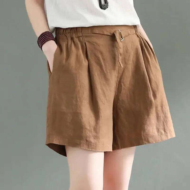 Retro Women's Loose Elastic Waist Casual Slimming Versatile Fake Cotton Linen Wide Leg Shorts Summer Wear XJ260206