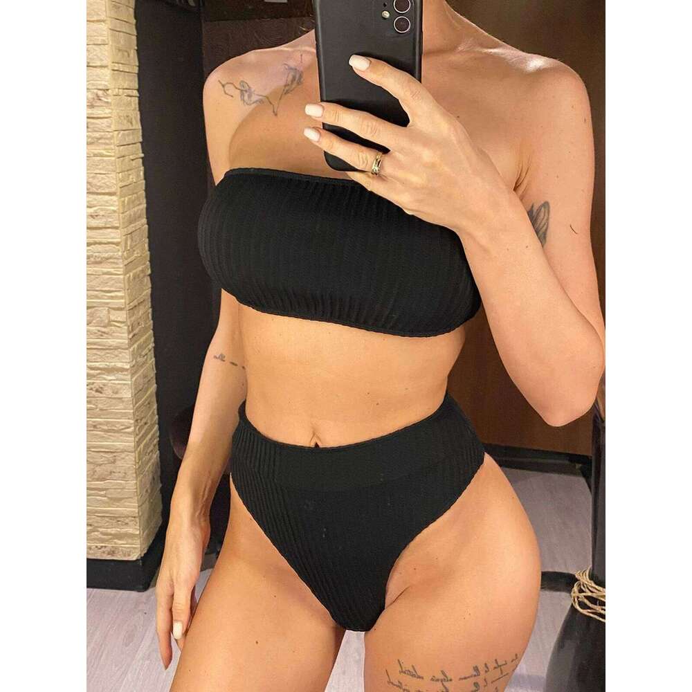 S - XL Bandeau Wrinkled Female Swimsuit High Waist Women Swimwear Two-pieces Bikini set Bather Bathing Suit Swim V5904 Z260206