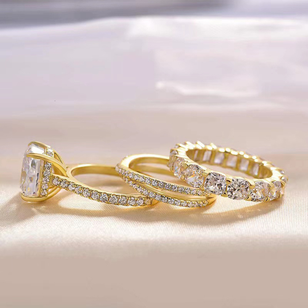 925 Sterling Silver 5A Zircon Wedding Combination for Women 10*10 Ice Flower Cut Simulated Diamond Ring Jewelry