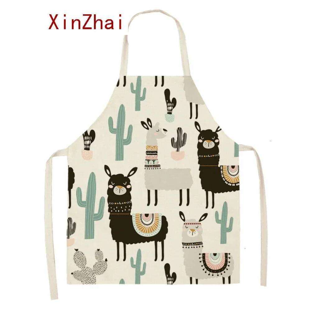 Llama Alpaca Cactus Printed Cotton Linen Sleeveless Aprons Kitchen Women Pinafore Home Cooking Baking Waist Bib S260205