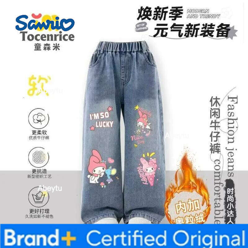 Sanrio Hello Kitty Fleece Lined Jeans for Girls Children Spring Autumn Winter New Style Comfortable Warm Kids Denim Pants H260206