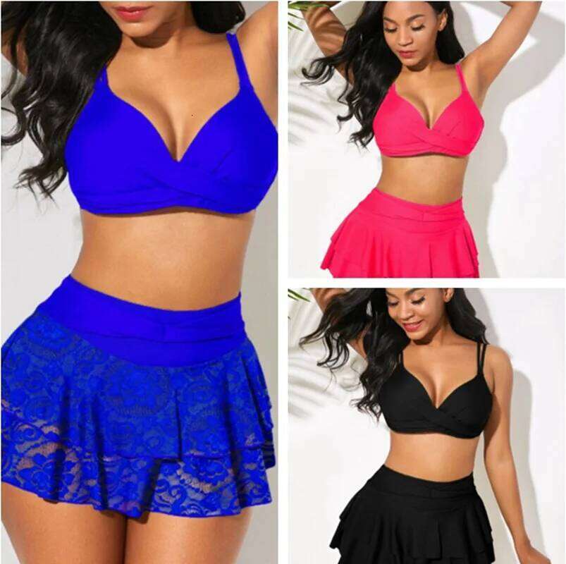 European and American new sexy swimsuit solid color lace high-waisted women's bikini XJ260206