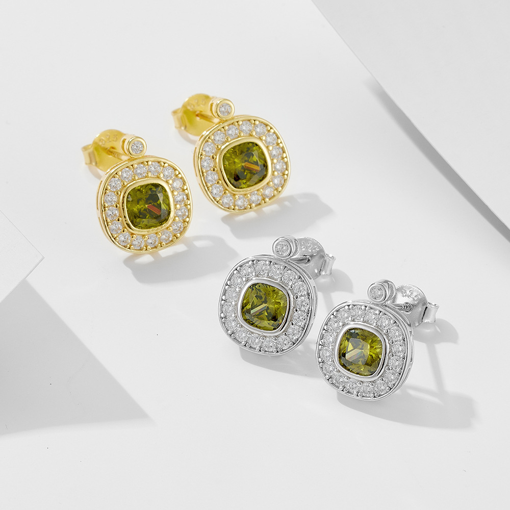 S925 Sterling Silver Vintage Palace Style Olive Green Zircon for Women Simple Geometric Oval Inlaid Diamond Earrings