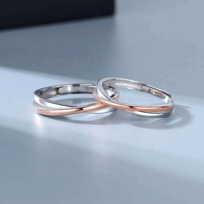 CIAXY Silver Color Line Cross Design Wedding Rings for Couple Rose Gold Adjustable Ring Simple Birthday Jewelry Gifts W260206