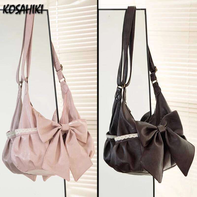 Y2k Aesthetic All Match Office Lady Crossbody Fashion Chic Lace Patchwork Bow Handbags Vintage Women Simple Shoulder Bags Y260205