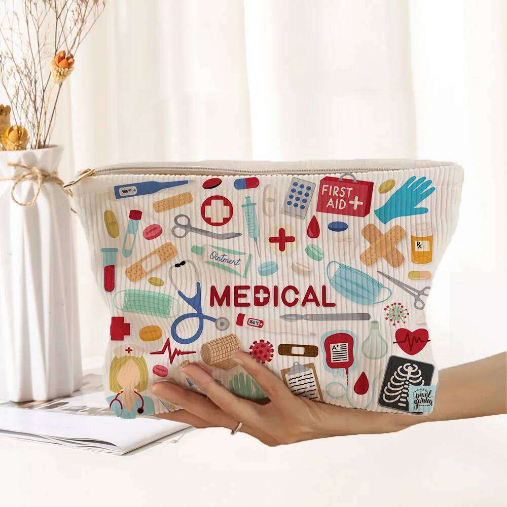 Medical Graffiti Printed Corduroy Bag, Lightweight Zipper Makeup Storage Box, Multi functional Bag with Lining Y260206