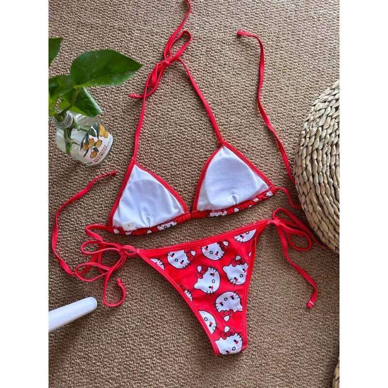 Swimsuit Hello Kitty Print Cute Girls Sexy Bikinis Set Bandage Sweet 2Pcs Micro Bikini Swimwear Women Bathing Suit Beach Summer Z260206