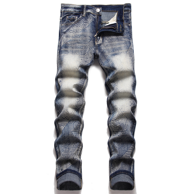 Slim-fit digital blue printed stretch mens skinny jeans fashionable casual mens denim pants 230920