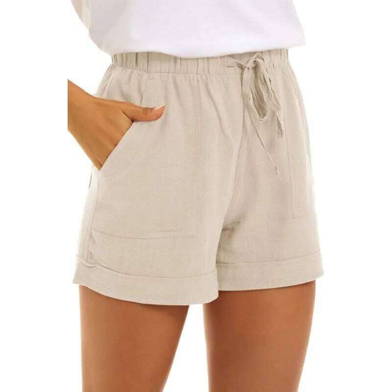 2025 Summer New Women's Shorts Loose Linen Casual Pockets Solid Color High Waist Wide Leg Pants C260206
