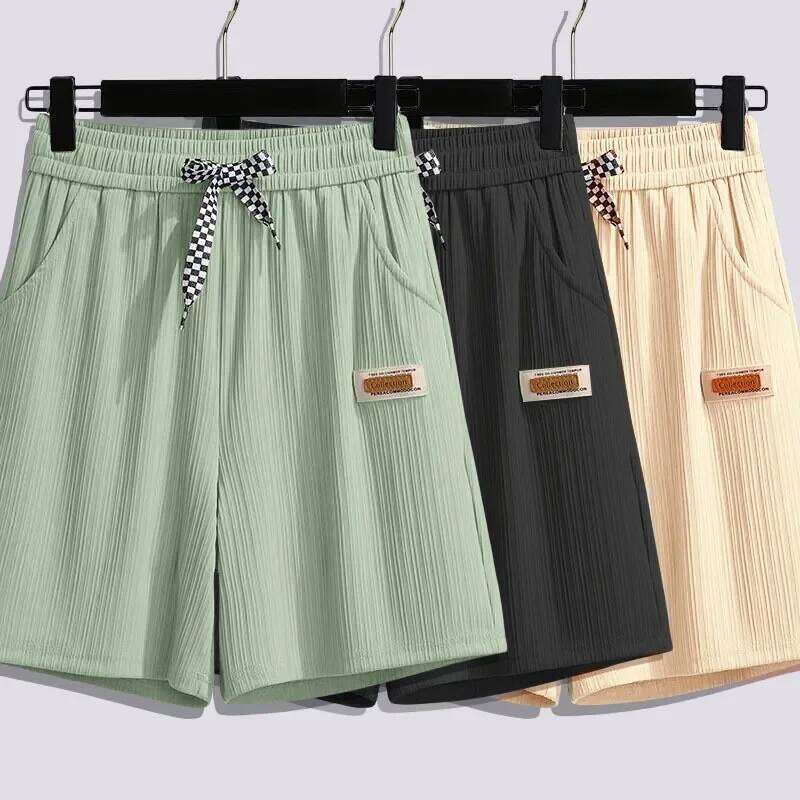 Ice silk shorts, women's summer thin slim, loose high-waisted straight mid casual wide-leg pants, cropped pants XJ260206