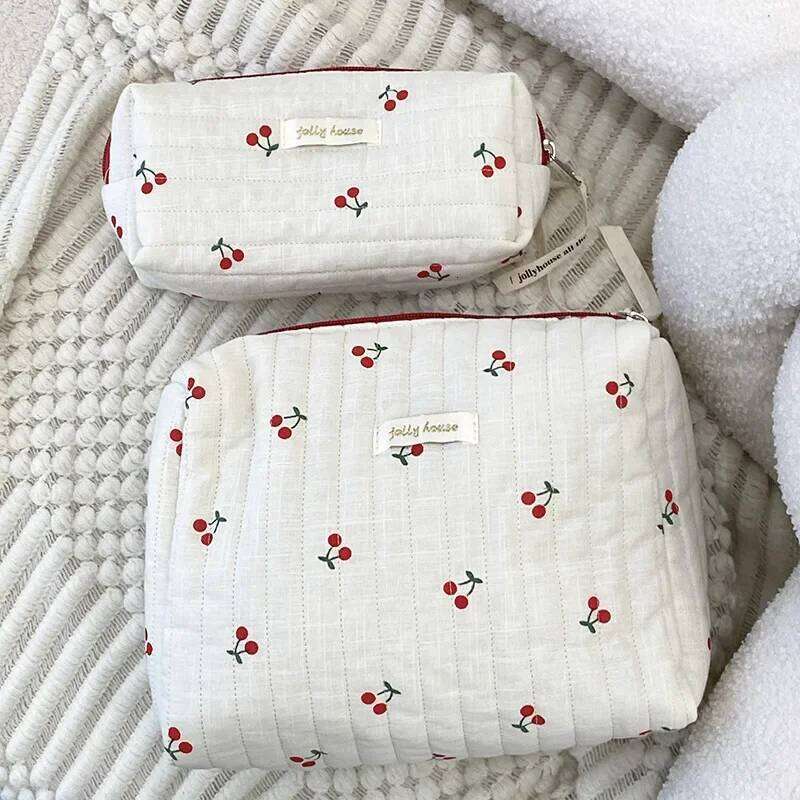 Quilted Cotton Ladies Travel Storage Retro Cherry Women's Cosmetic Bags Cute Design Girls Pencil Case Makeup Bag Handbags Y260206