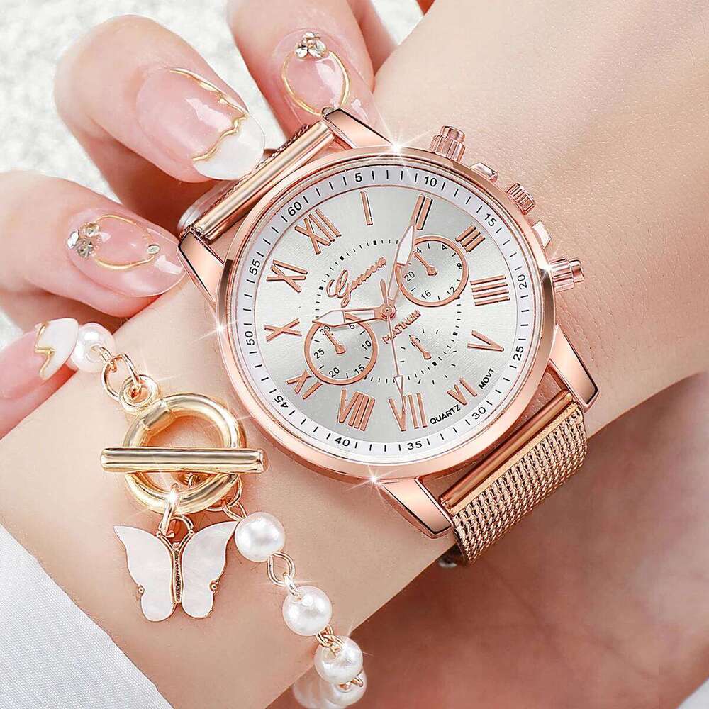 2PCS/Set Women's Fashion Plastic Band Analog Quartz Watch Pearls Butterfly Bracelet Set Z260206