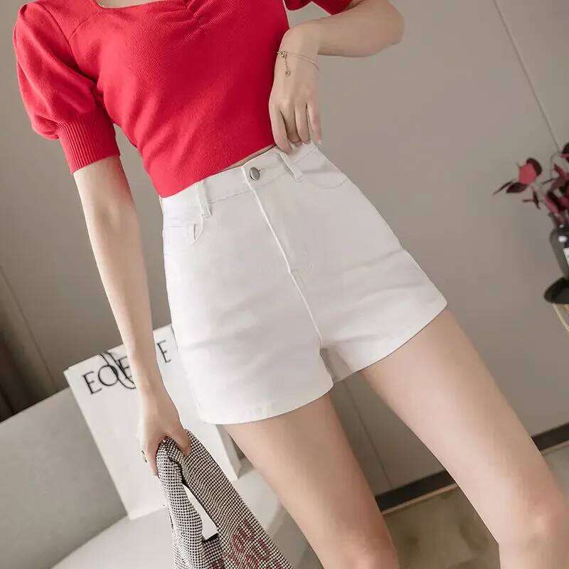 Women White High-Waist Tight Stretch Denim Shorts Women's Summer Loose A- Line Ropa Mujer C260206