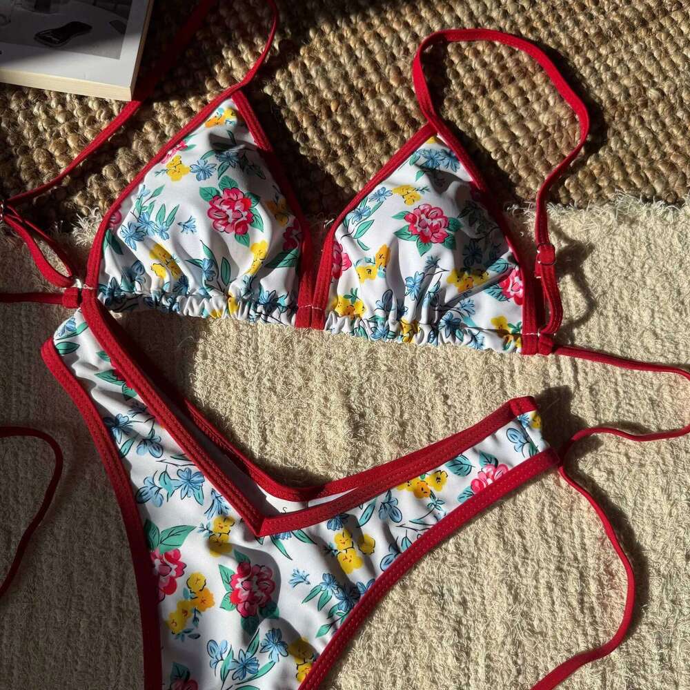 sexy flower print micro mini bikinis sets two pieces patchwork v-waist tie swimsuit bathing suit swimwear biquini tankini Z260206