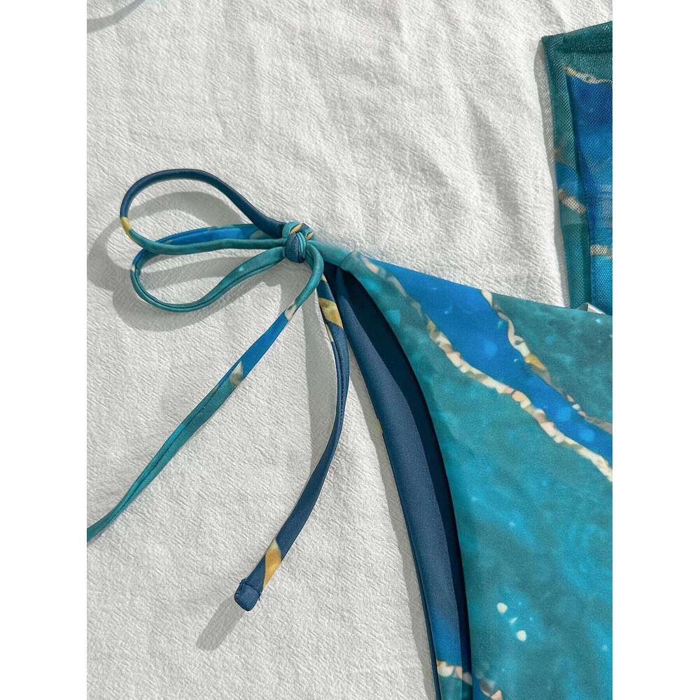 Women's Three-Piece Swimsuit Set, Blue Marble Print Sexy Bikini with Top, Tie-Up Triangle Bottoms, Mesh Wrap Skirt, Beach Swimwear XJ260206