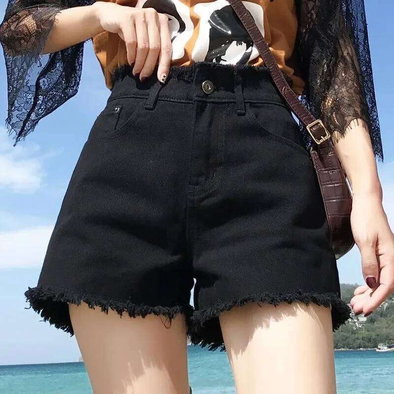 Spring Summer Short Jeans Women Wide Leg Fashion Female High Waist Black Tassels Caual Denim Shorts Girls H260206