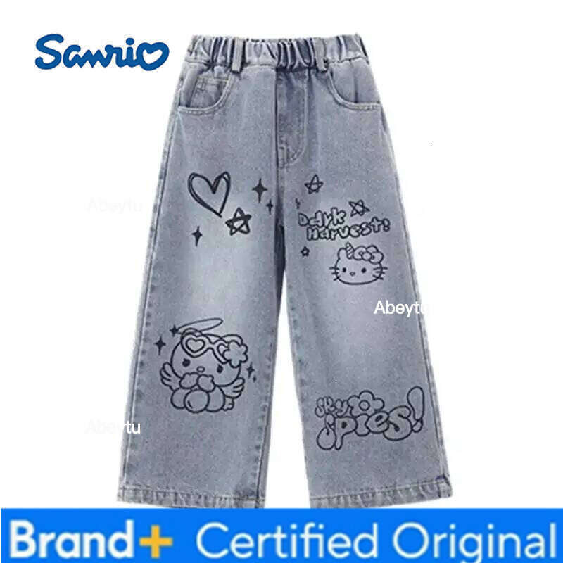Sanrio Spring Autumn New Children's Jeans Girls Wide Leg Pants Hello Kittys Straight Trousers Kawaii Cartoon Leisure Fashion H260206