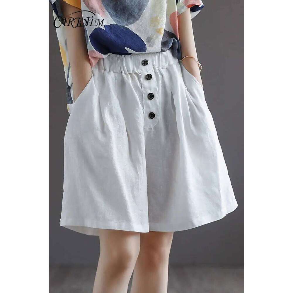 Summer Shorts Women's Button Solid Color Versatile Loose Cotton Linen Retro Style Wide Leg XJ260206