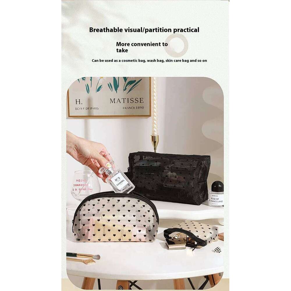Heart Transparent Mesh Makeup Bag Multifunction Portable Women Cosmetic Storage Pouch Ladies Toiletry Lipstick Organizer Bags Y260206