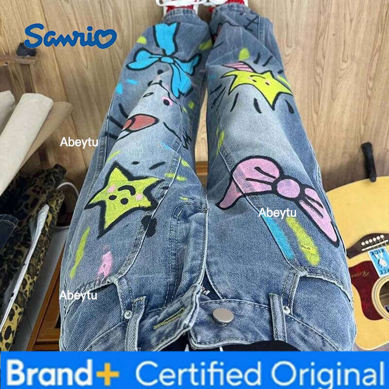 Sanrio American Vintage Hello Kittys Jeans Cartoon s Graffiti Wide Leg Pants Y2K Girls High Waisted Straight Trousers Streetwear H260206