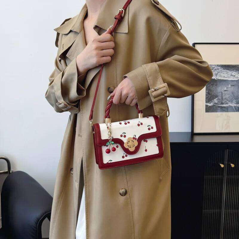 High End Pu Cherry Print Square Tote Bag, Versatile Stylish Shoulder Crossbody Bags for Women Teen Girls Shopping, Work, Dating Y260205