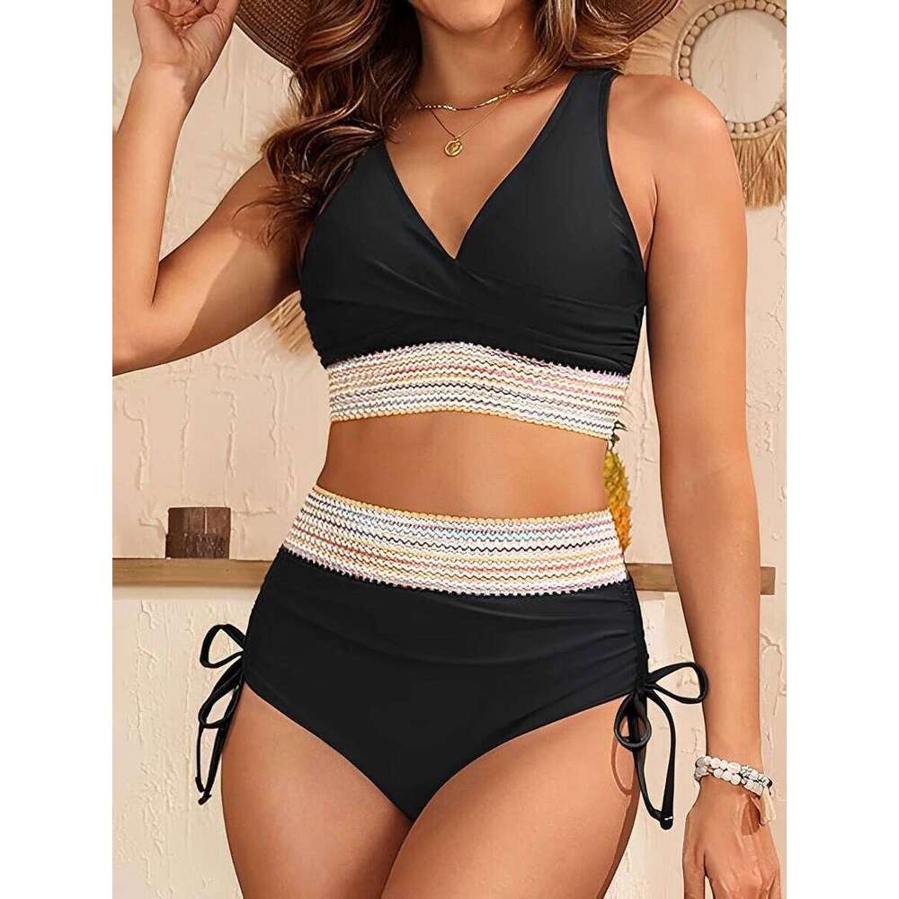 V-neck Bikinis 2025 Women High Waist Swimwear Drawstring Swimsuit Female Beachwear Summer Bathers Bathing Swimming Swim Suit XXL Z260206