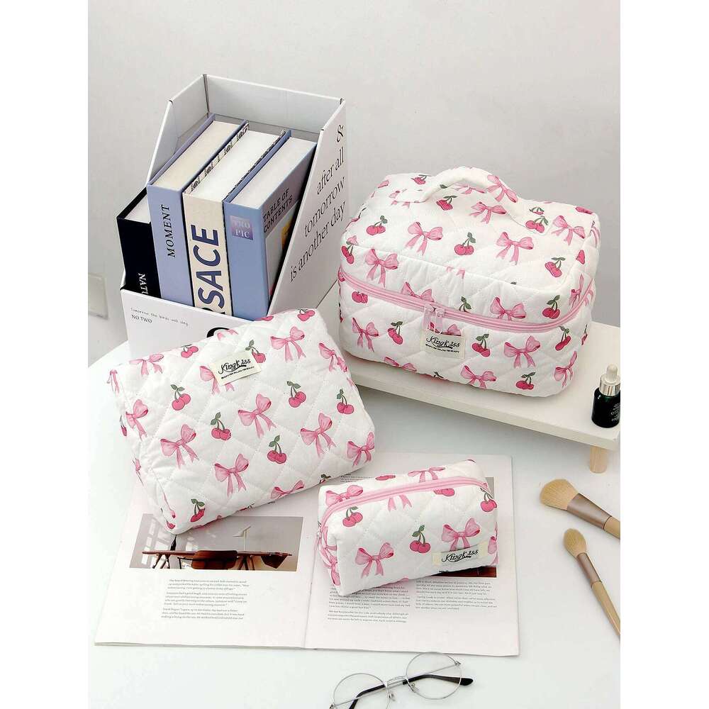 1pc/set Cherry Bow Quilted Multifunctional Handheld Makeup Bag, Portable Toiletry Bag Set with Zipper Y260206
