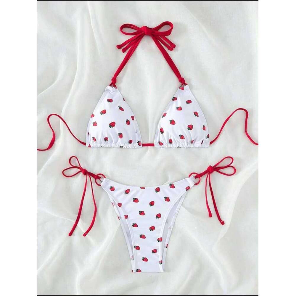 Sexy women cute strawberry print halter string micro bikini sets two pieces swimsuit Swimwear bathing suit beach outfits biquini XJ260206