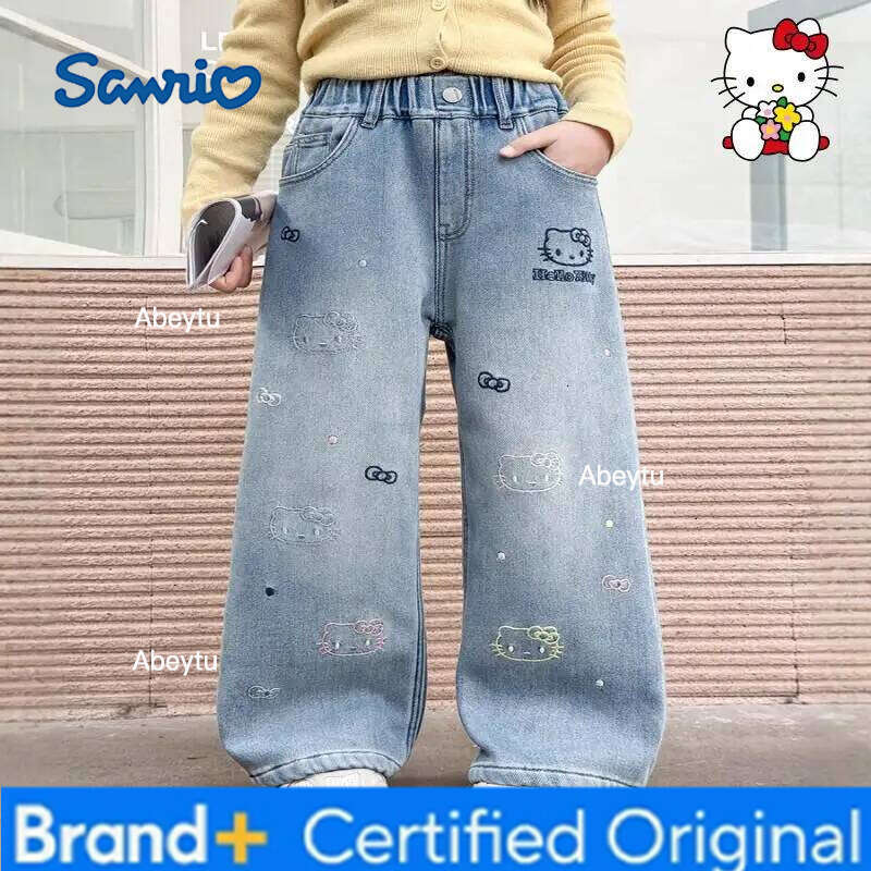 Sanrio Hello Kitty Girl Jeans Kawaii Y2K Anime Children's Clothing Clothes Pants Kids Winter Outerwear Soft Denim Straight Leg H260206