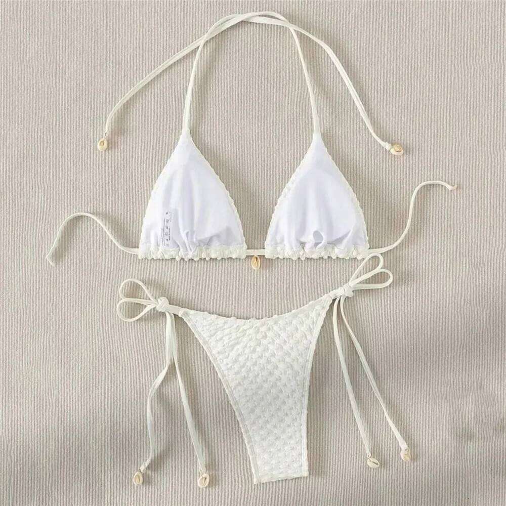 White String Micro Bikini Thong Sexy Swimsuit Women 2025 Shell Decorate Swimwear Bathing Suit Halter Triangle Bikinis Sets Mujer Z260206
