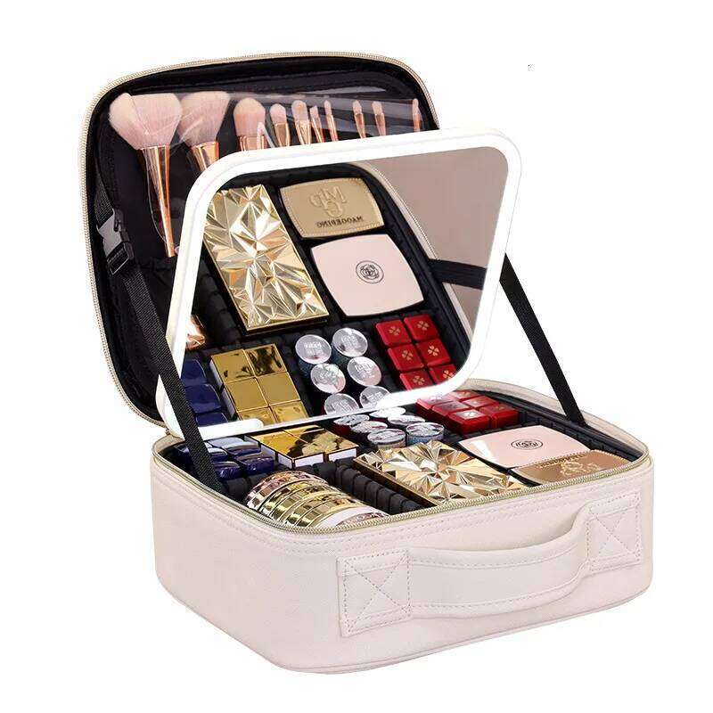 Cross-border High Aesthetic ValueLEDLight Strip Mirror Makeup Case Large Capacity Travel Portable Handheld Cosmetic Storage Bag Y260206