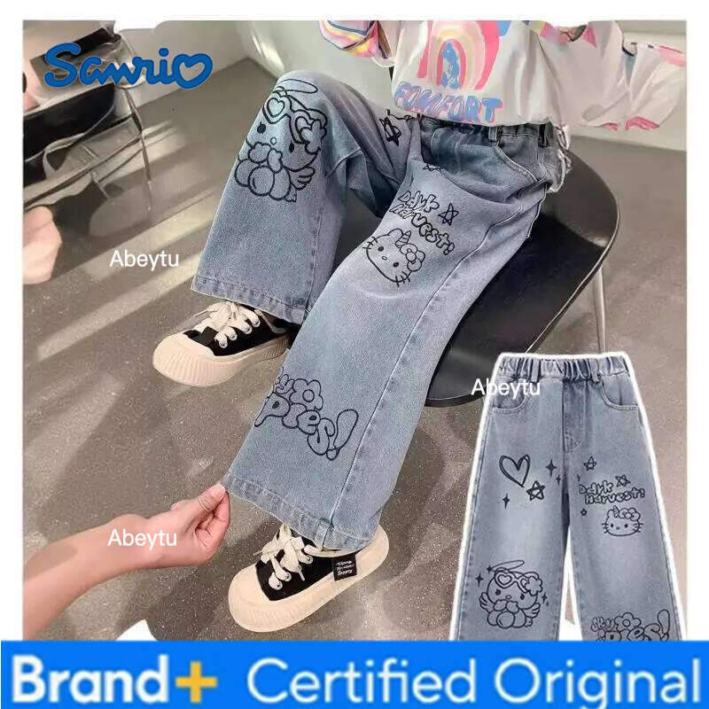Sanrio Spring Autumn New Children's Jeans Girls Wide Leg Pants Hello Kittys Straight Trousers Kawaii Cartoon Leisure Fashion H260206